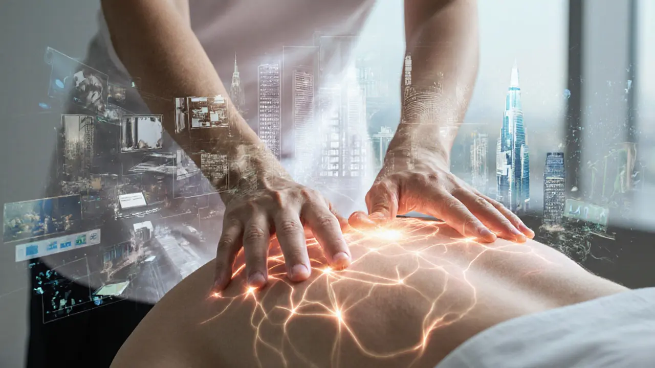 Therapist&#039;s hands releasing tension in a back massage, with a fading cityscape symbolizing stress melting away.