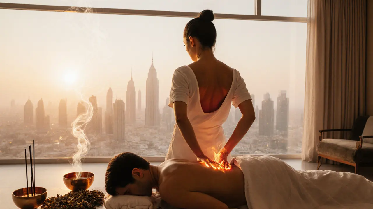 Therapist applying herbal oils to a client's back during a deep tissue massage, with incense smoke and warm oil bowls in a serene room.