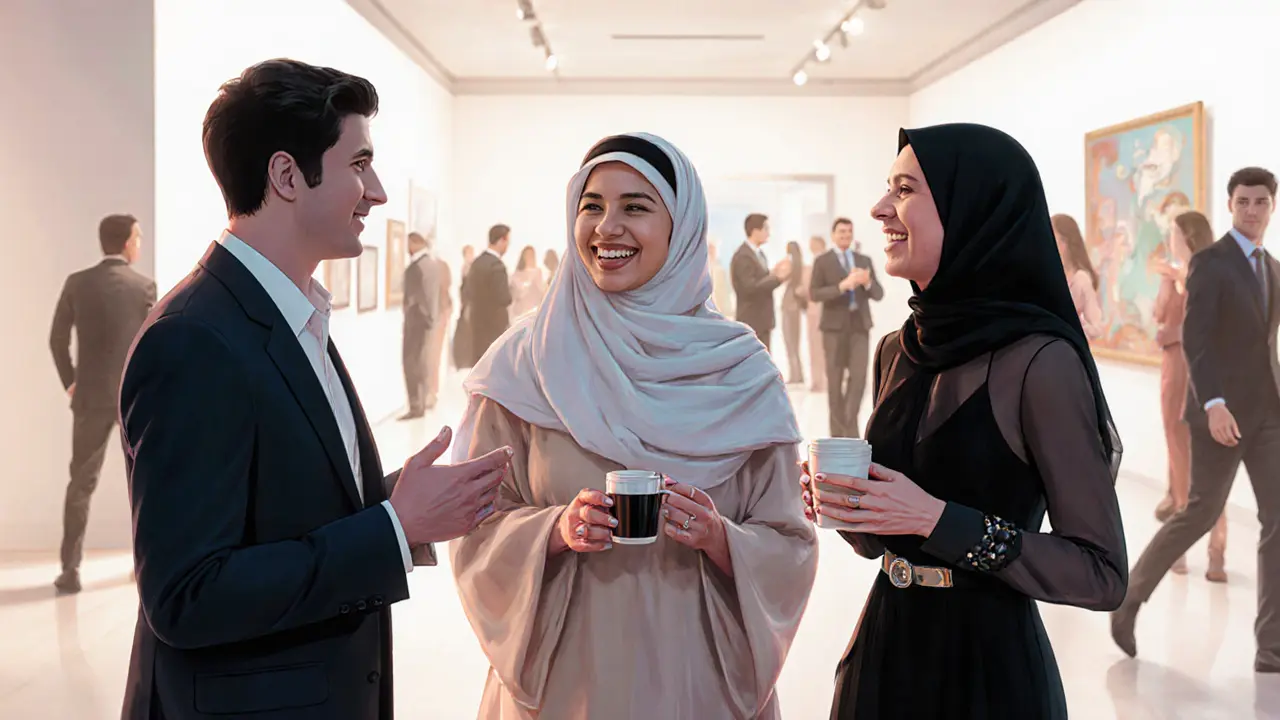 Three professional companions in Dubai settings: gallery, café, and VIP event, exuding confidence and cultural sophistication.