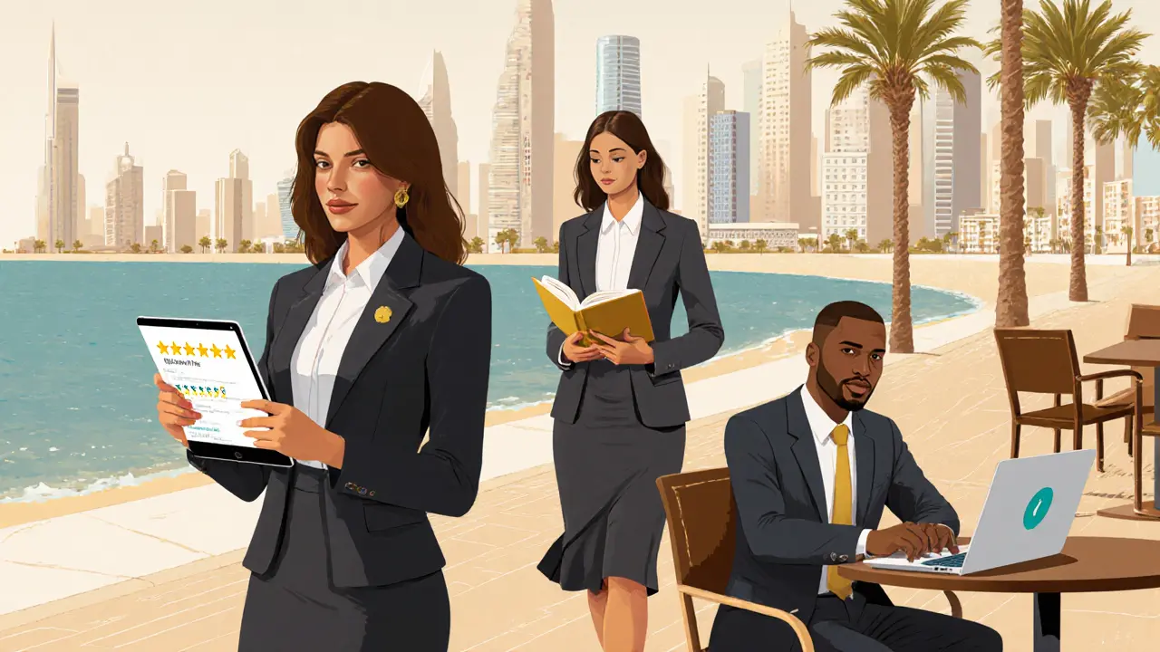 Three professional women in Dubai—reading, walking, working—each depicted with dignity in urban settings.