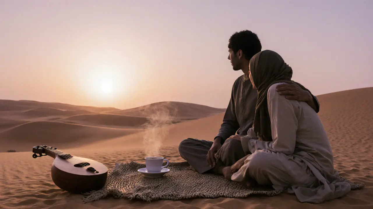 Tranquil desert sunrise with coffee and oud instrument, person seated on rug beside companion in neutral tones