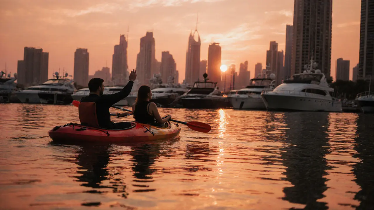 Two people kayaking at Dubai Marina as the sun sets behind the skyline.