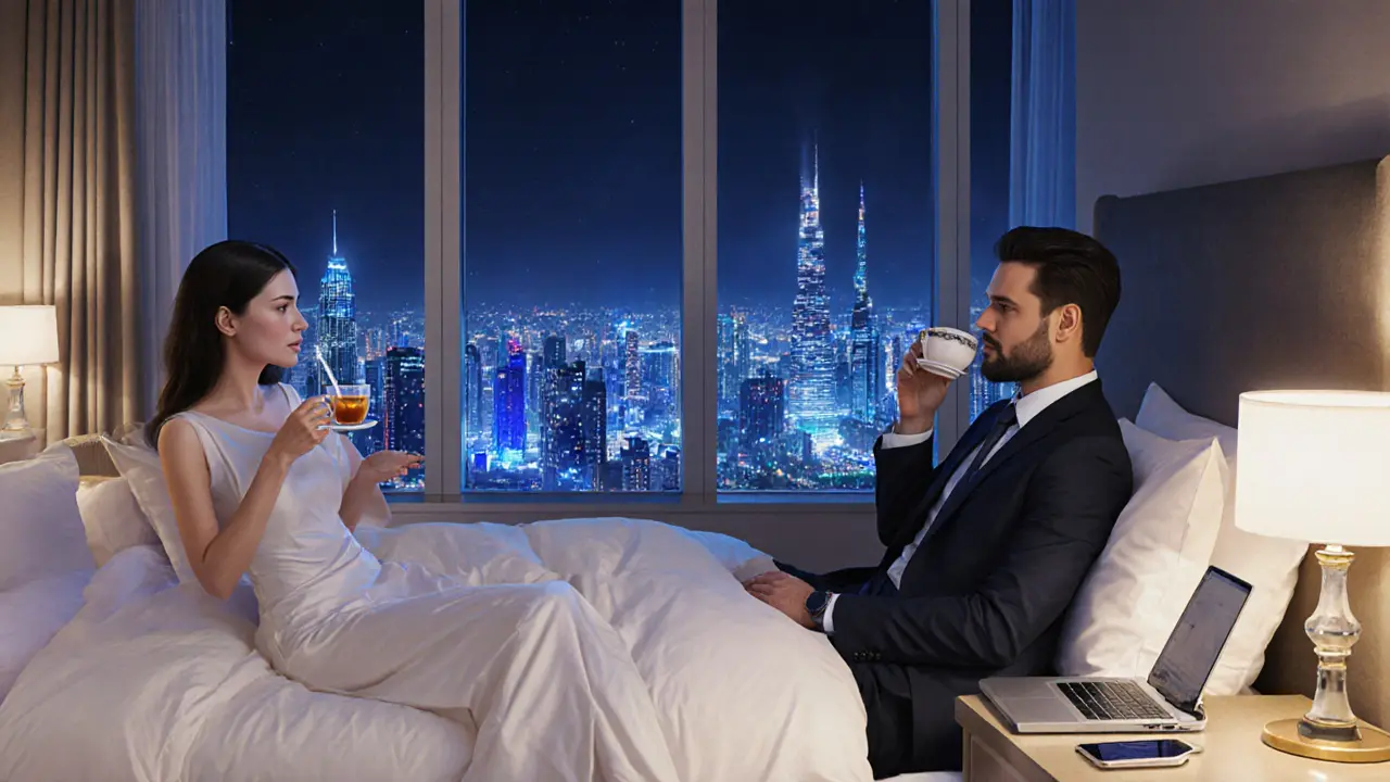 Two people sharing a calm moment in a luxury hotel suite, overlooking Dubai&#039;s nighttime skyline.