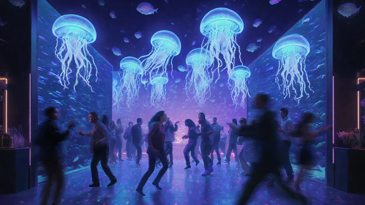 Underwater-themed nightclub with bioluminescent lights and virtual fish above dancers