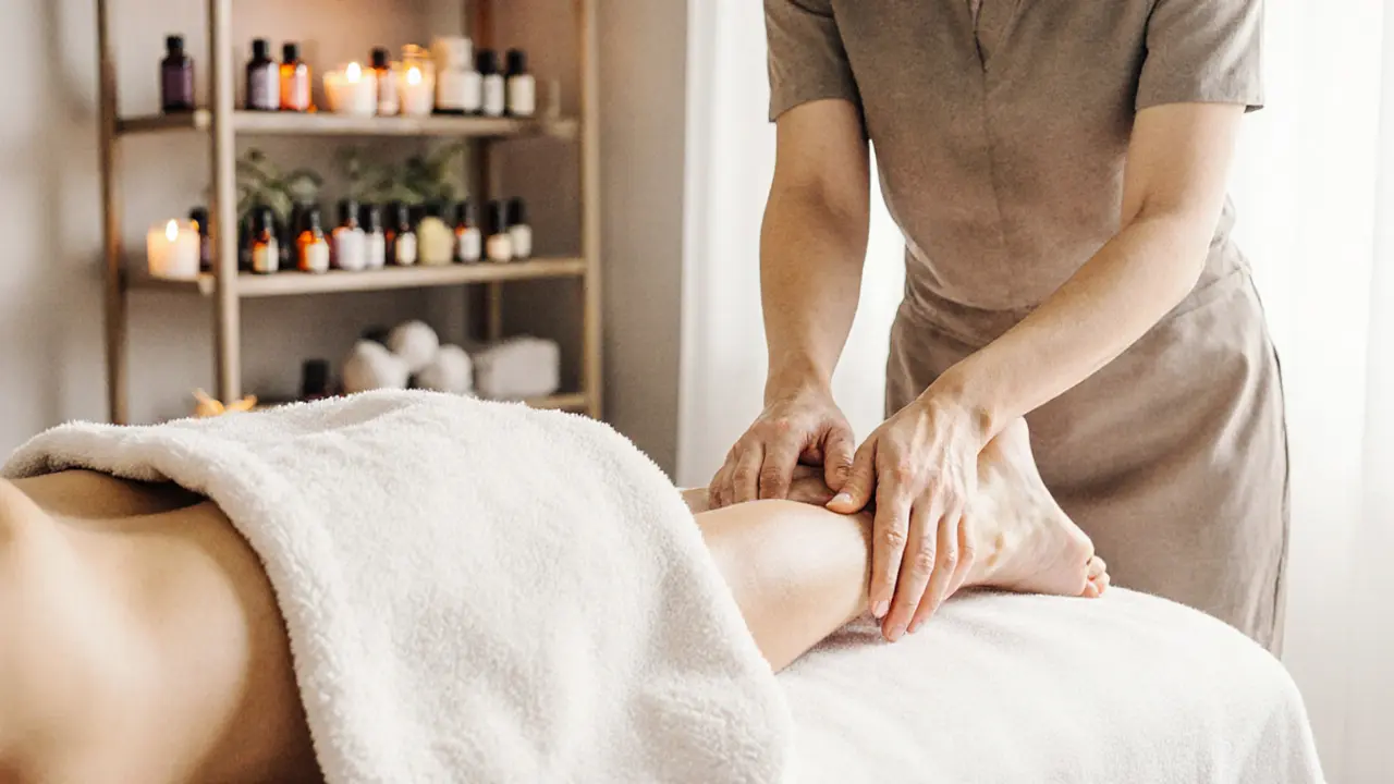 Watercolor depiction of therapist&#039;s thigh pressing along a client&#039;s calf during a body-to-body massage.