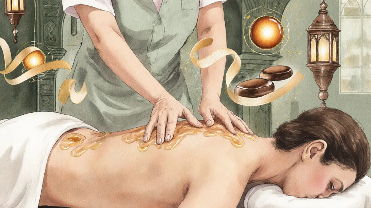 Watercolor illustration of a massage with symbolic elements representing Swedish strokes, hot stones, and aromatherapy in a Dubai-inspired setting.