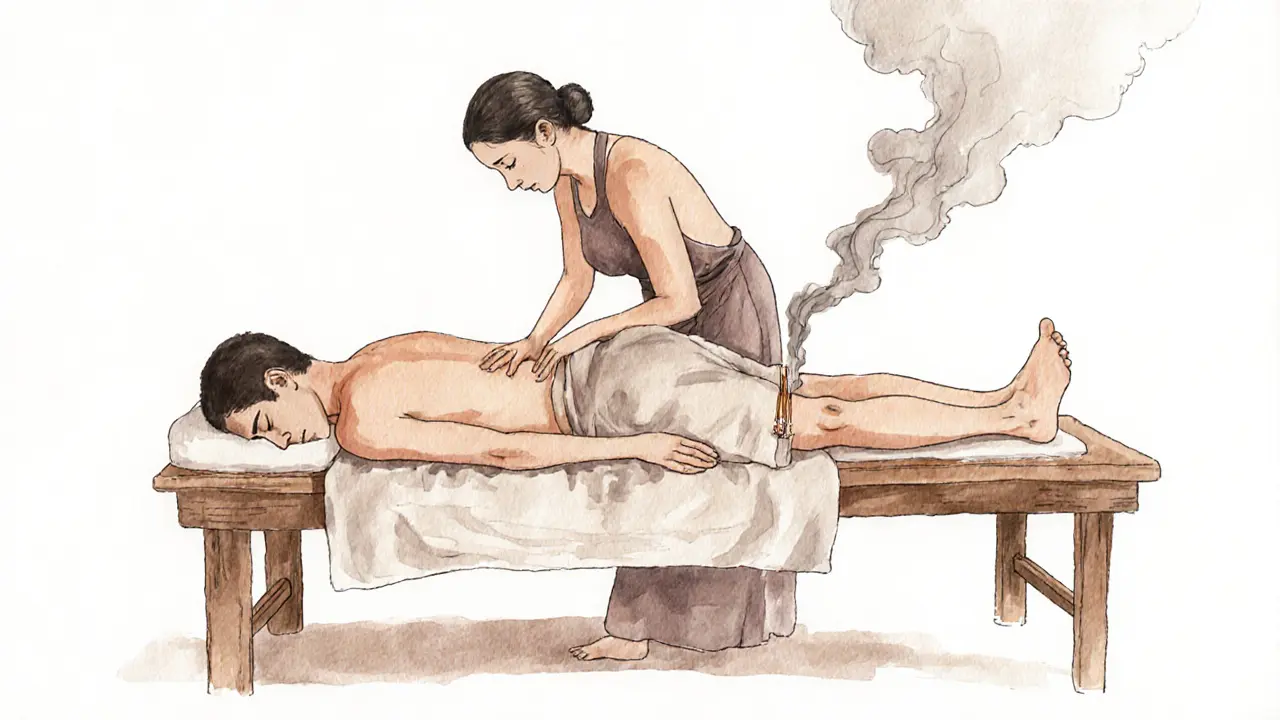 Watercolor-style therapeutic massage scene with therapist applying gentle pressure using thigh and foot, surrounded by incense smoke and earthy tones in a traditional Thai-inspired setting.