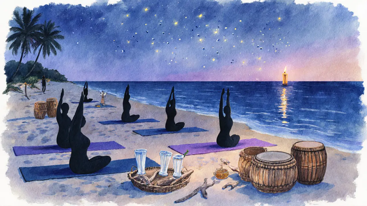 Yoga and sound bath at dusk on a serene beach club shoreline with floating candles and soft twilight colors.