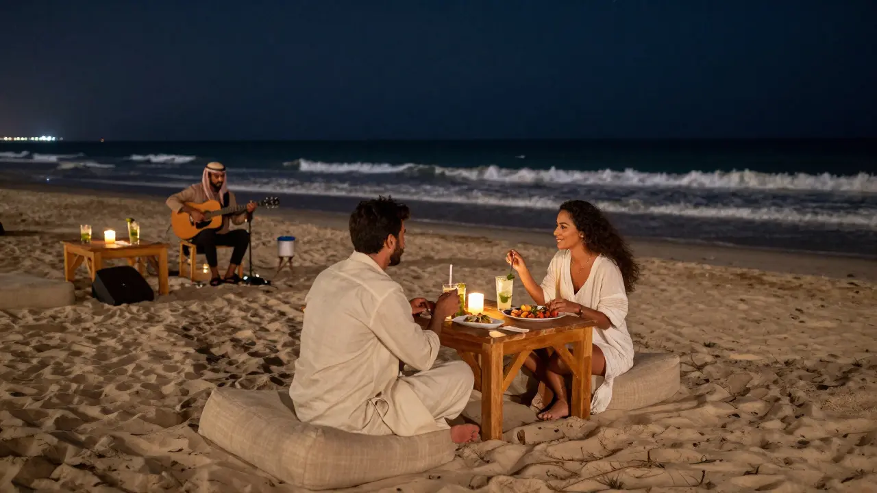 A candlelit beach lounge at midnight in Dubai, with barefoot guests enjoying drinks and waves.