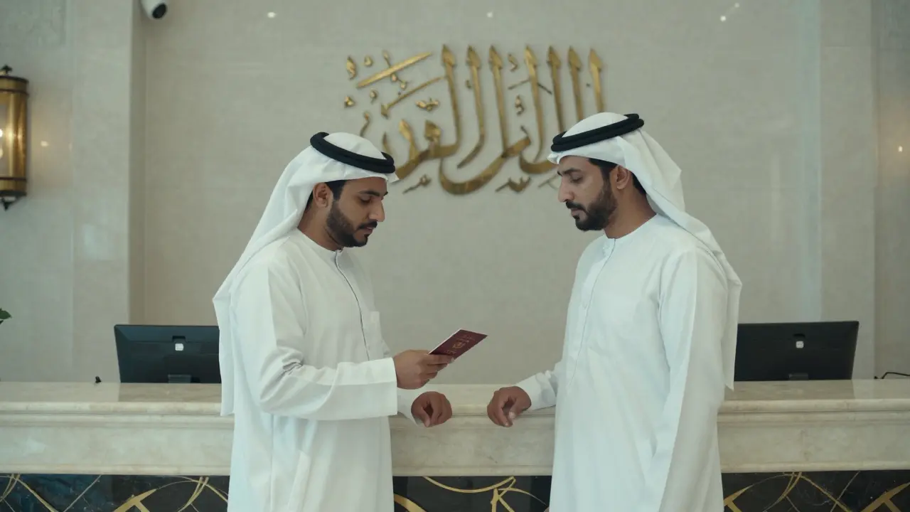 A couple checking into a Dubai hotel, one holding a passport, avoiding physical contact at the front desk.