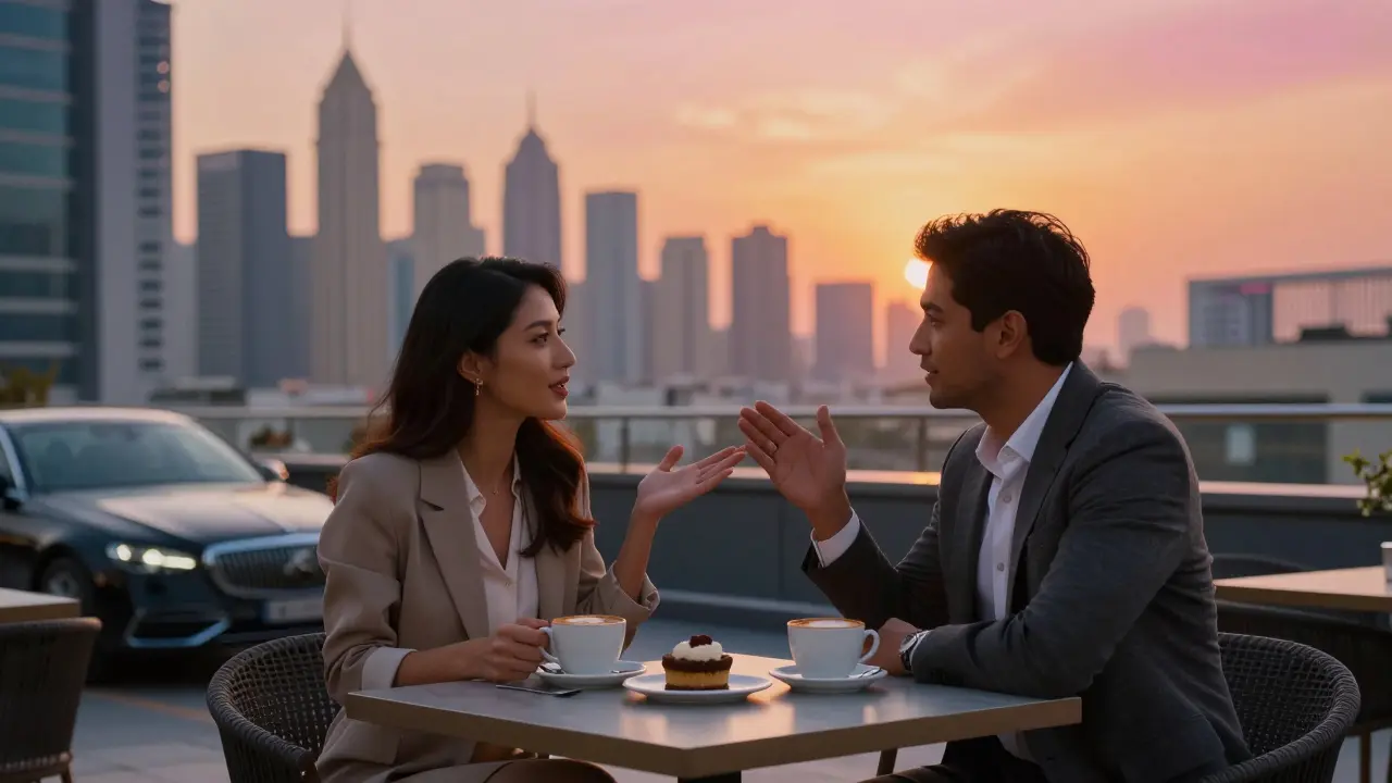 A couple enjoying coffee at a rooftop lounge in Dubai as the city glows at sunset, sharing a moment of genuine connection.