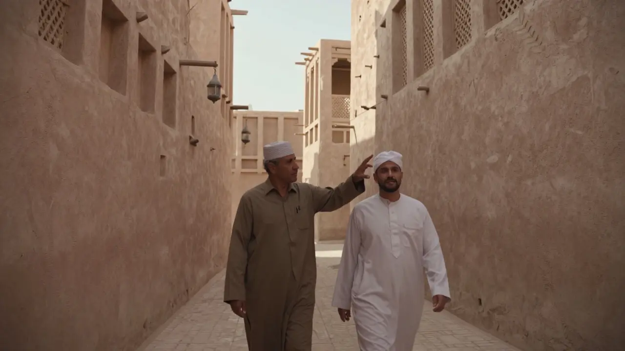 A cultural guide showing traditional architecture to a visitor in Al Fahidi Historical Neighbourhood.