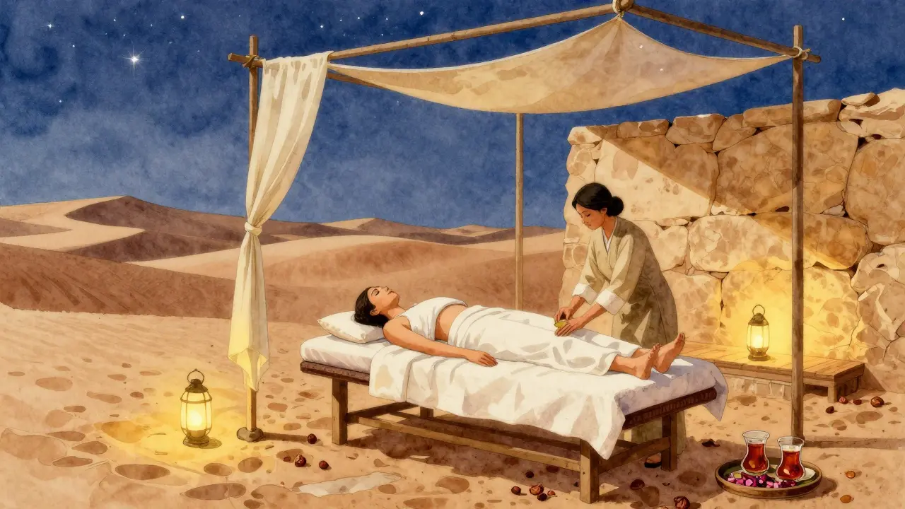 A desert resort spa at twilight with a guest receiving massage under stars, lanterns, and dunes.