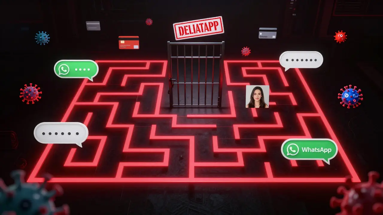 A digital maze of WhatsApp bubbles leads to a prison gate, symbolizing the dangers of online scams in Dubai.