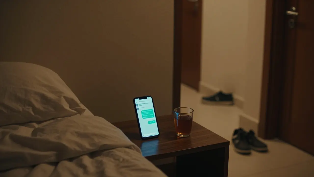 A dim apartment room with a glowing phone and tea cup, conveying quiet isolation.