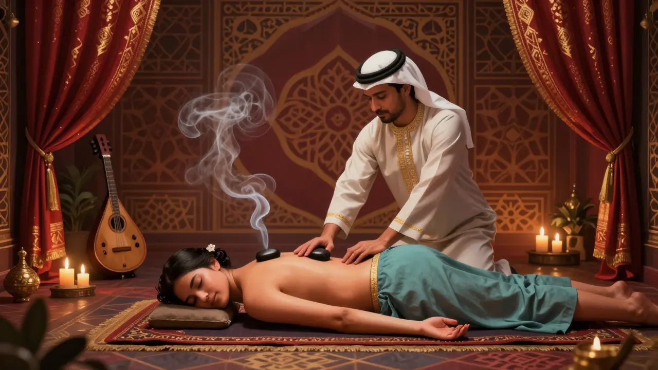 A fusion massage combining Thai stretching and hot stones in a culturally rich Dubai spa setting.