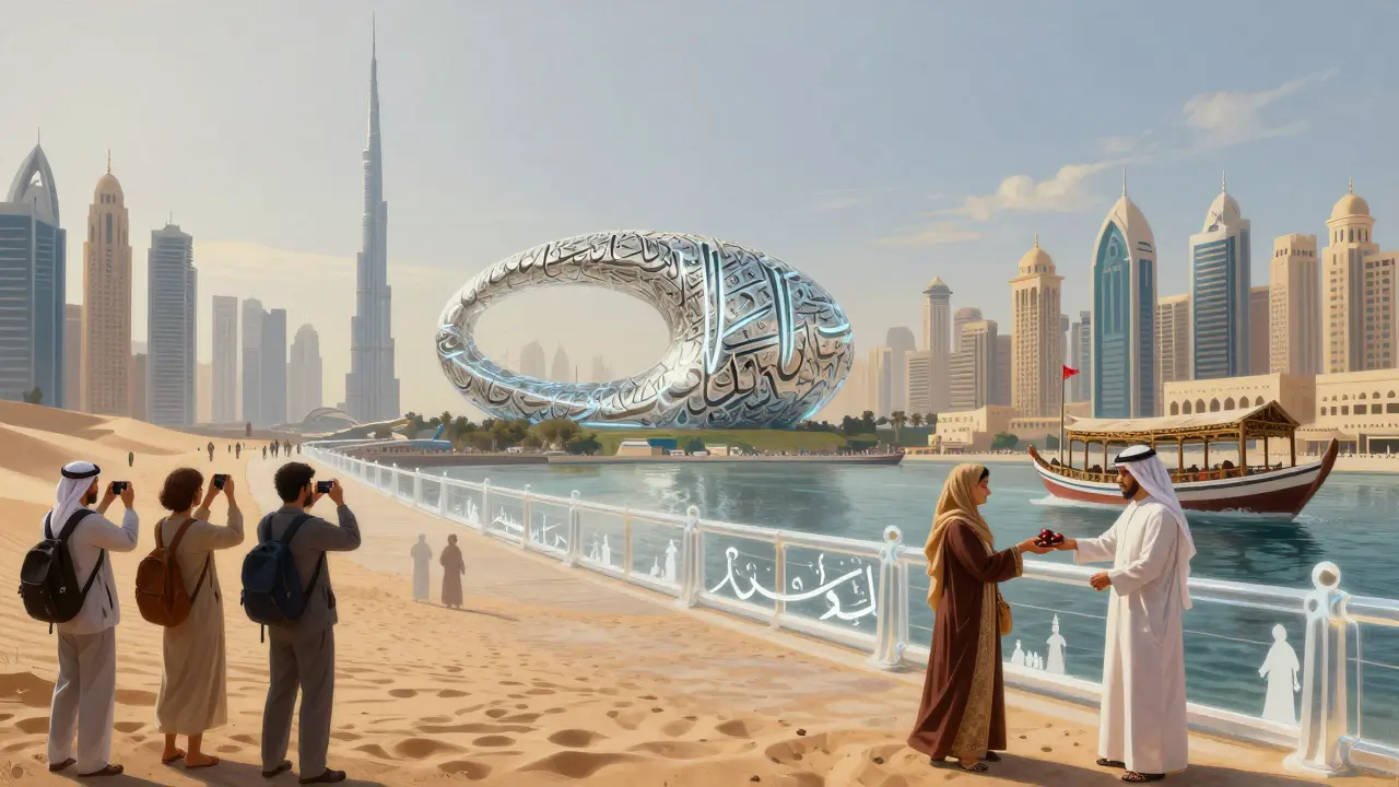 A glowing bridge of calligraphy connects Dubai's modern skyline to its historic dhow boats, symbolizing cultural understanding.