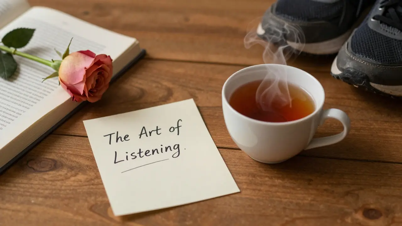 A handwritten note and cup of karak tea on a wooden table, symbolizing quiet connection in Dubai.