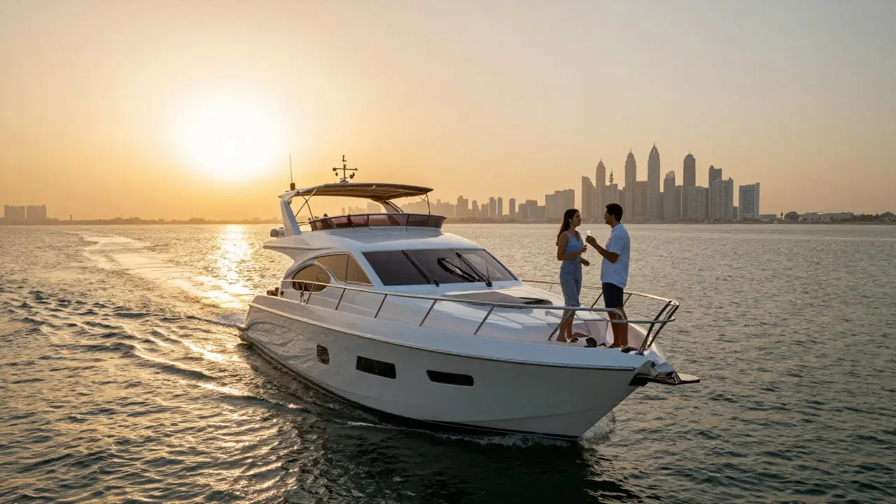 A luxury yacht at sunset on the Persian Gulf with two figures enjoying privacy and calm.