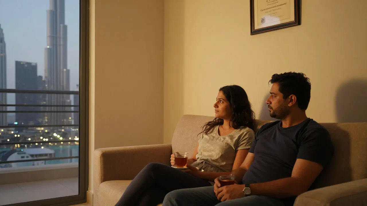 A married couple in a modest Dubai apartment, tea on the table, marriage certificate on the wall.
