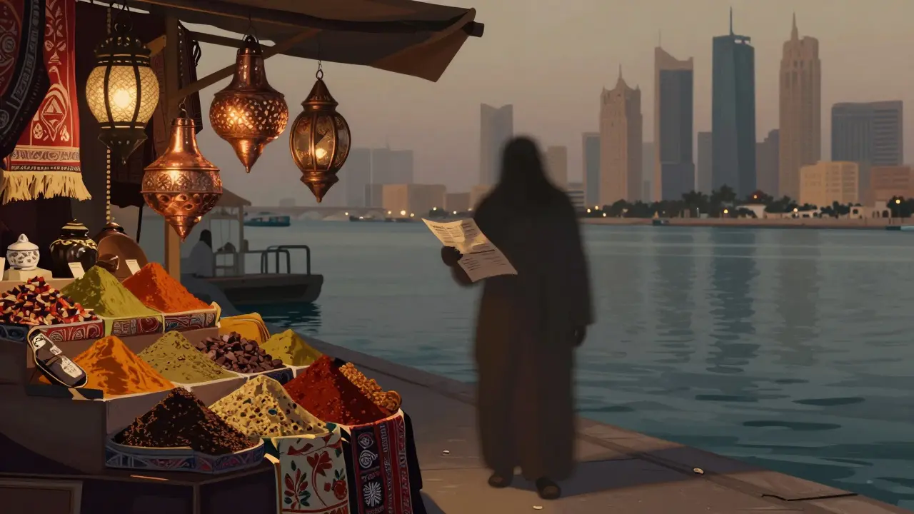 A mysterious figure stands at a Dubai Creek pier, contrasted against the vibrant colors and textures of a bustling spice souk.