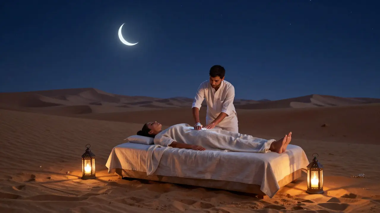 A private desert massage under starlight, with sand, lanterns, and a guest being treated with camel milk cream.