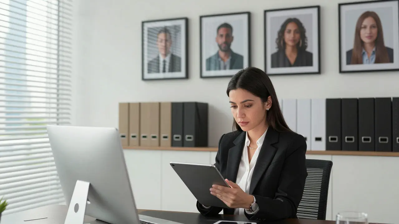 A professional agency worker reviewing client profiles in a sleek Dubai office with discreetly labeled files.
