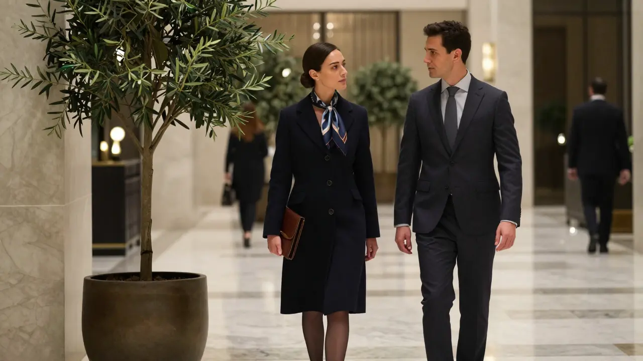 A professional female companion waits calmly in a high-end hotel lobby, dressed elegantly, as a man approaches for a discreet meeting.