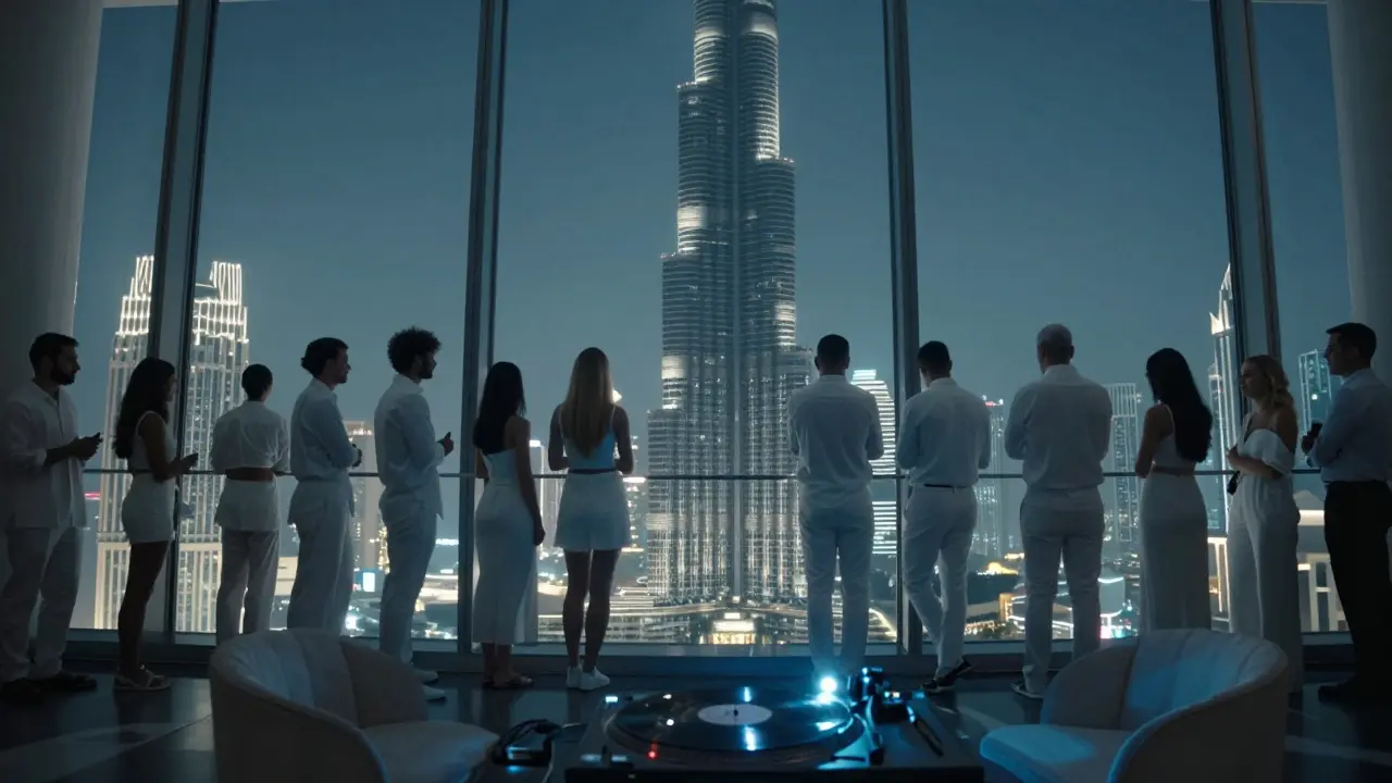 A quiet crowd on a high-rise rooftop enjoys vinyl music with the Burj Khalifa glowing in the distance under soft lighting.