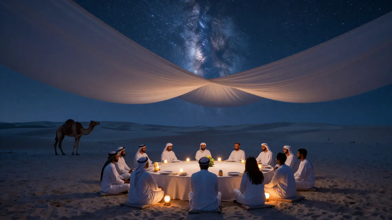 A serene desert gathering under white silk canopies, illuminated by lanterns, with guests seated among dunes under a starry night.