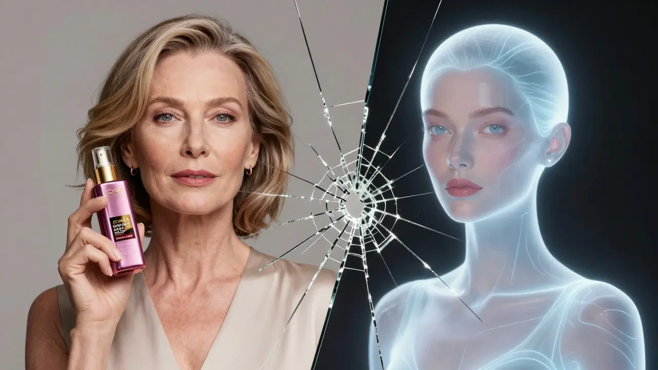 A split image comparing a real model over 50 with an AI-generated model, symbolizing authenticity versus digital illusion.