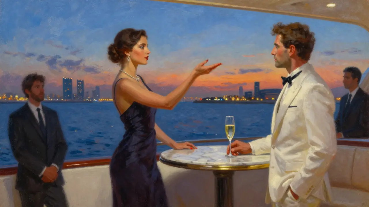 A well-dressed woman stands beside a yacht at sunset, guiding a client as the Dubai Marina glows in the distance.