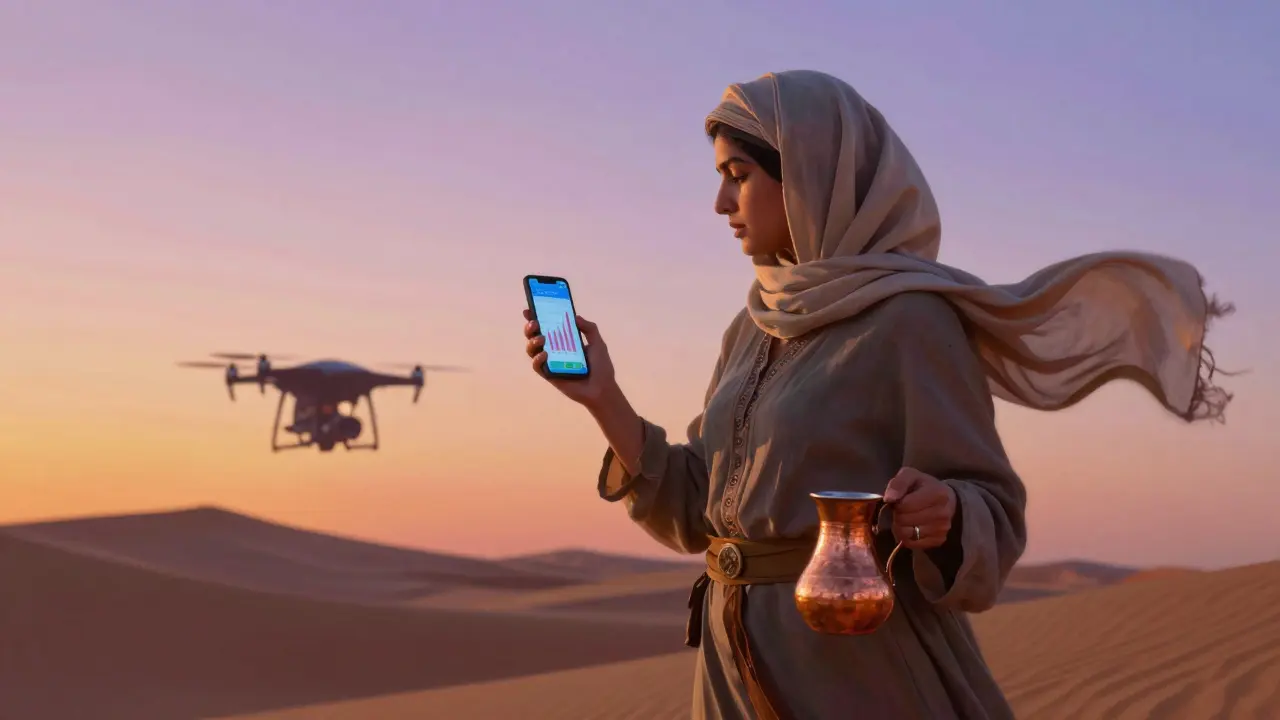 A woman at desert sunset holding a smartphone and traditional coffee pot, drone flying overhead, blending culture and innovation.