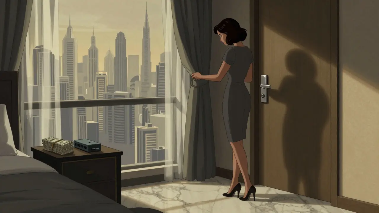A woman checks hotel room security at dawn, cash and device on nightstand, city skyline visible through half-drawn curtains.