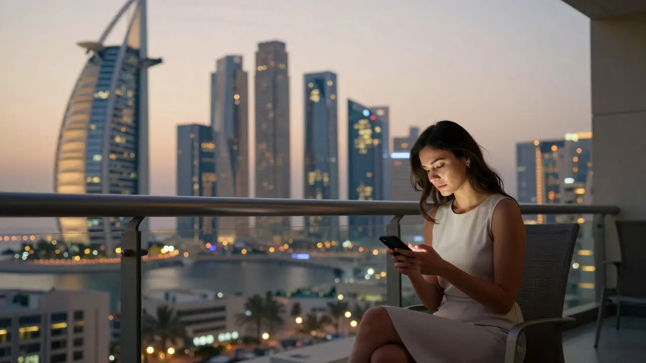 A woman sits alone on a villa balcony at dusk, gazing at her phone as Dubai's skyline glows behind her.