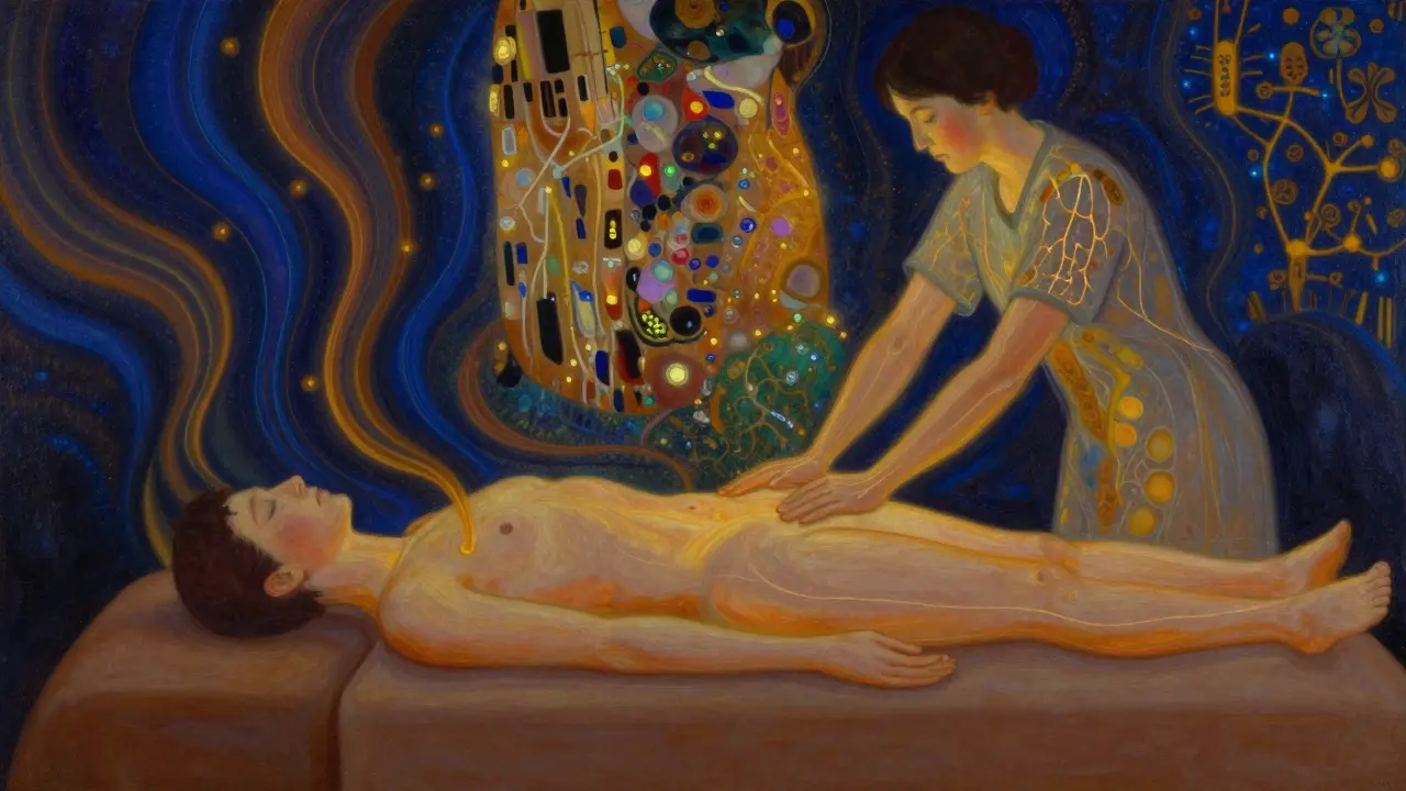 Abstract representation of stress hormones decreasing and bonding chemicals rising during therapeutic touch.