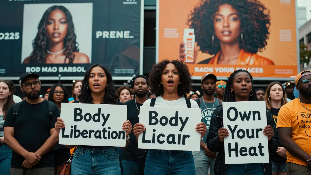 Activist models speaking at a rally with signs for body liberation, surrounded by their brand campaign images.