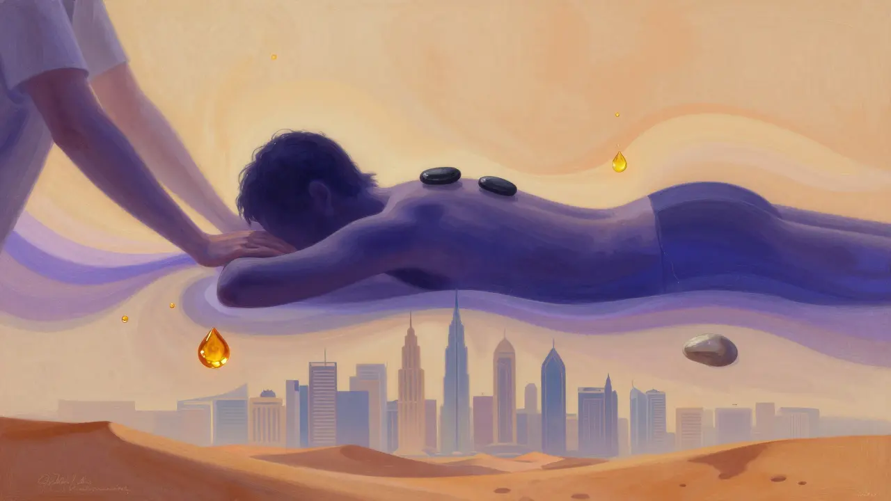 An abstract representation of stress melting away through massage, blending city and desert elements.
