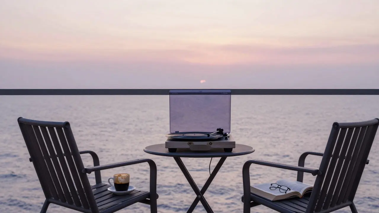An empty balcony at sunrise with a book, glasses, and coffee cup left behind, suggesting a peaceful, meaningful moment of quiet connection.