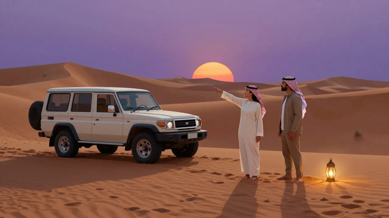 An escort and client exploring a desert sunset in Dubai, surrounded by golden dunes and traditional lanterns.