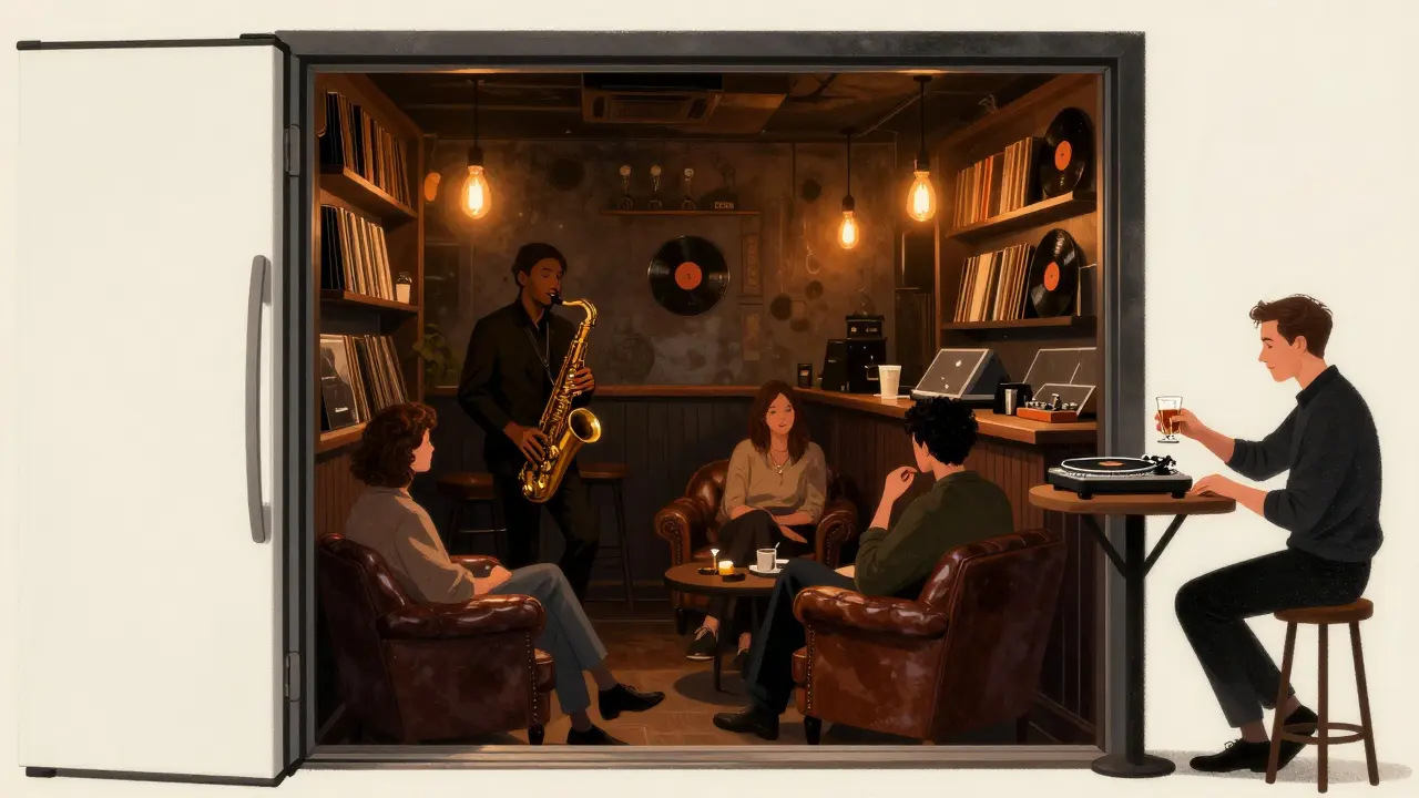 An intimate underground jazz bar hidden behind a fridge door, with vinyl records and dim lighting.