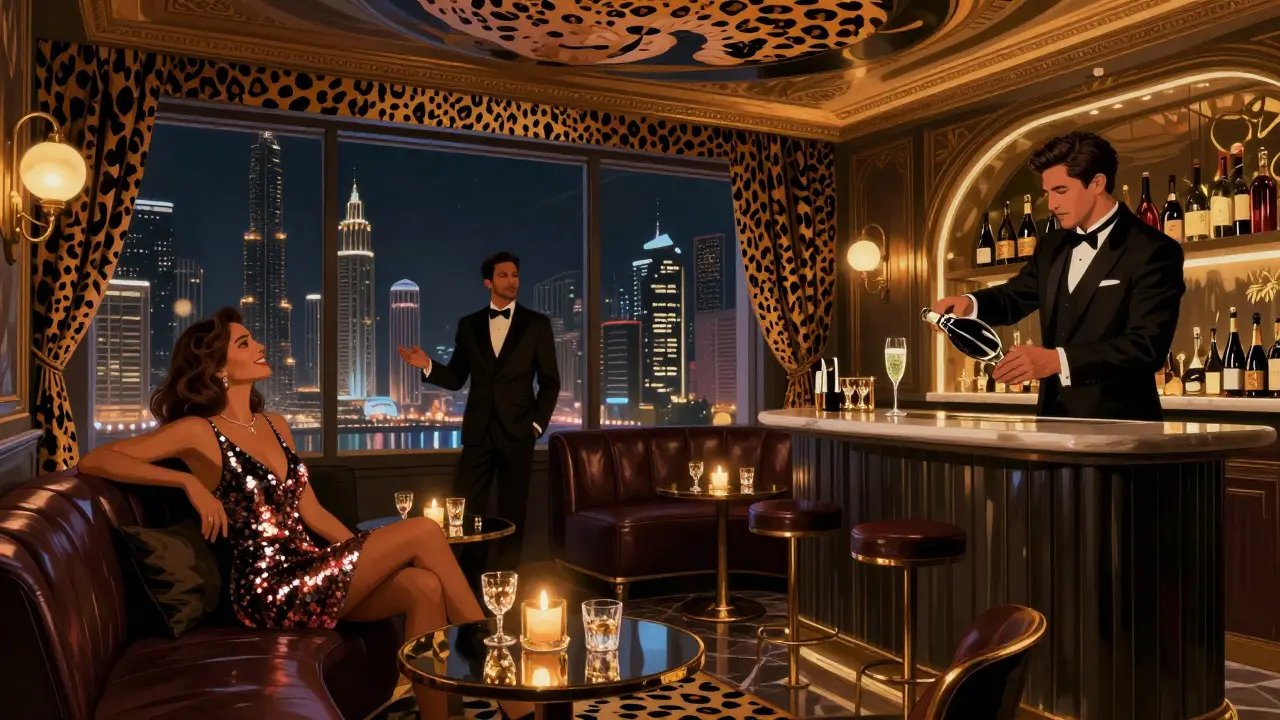 An intimate VIP lounge at Cavalli Club with leather booths, champagne, and a view of Dubai’s skyline through large windows.