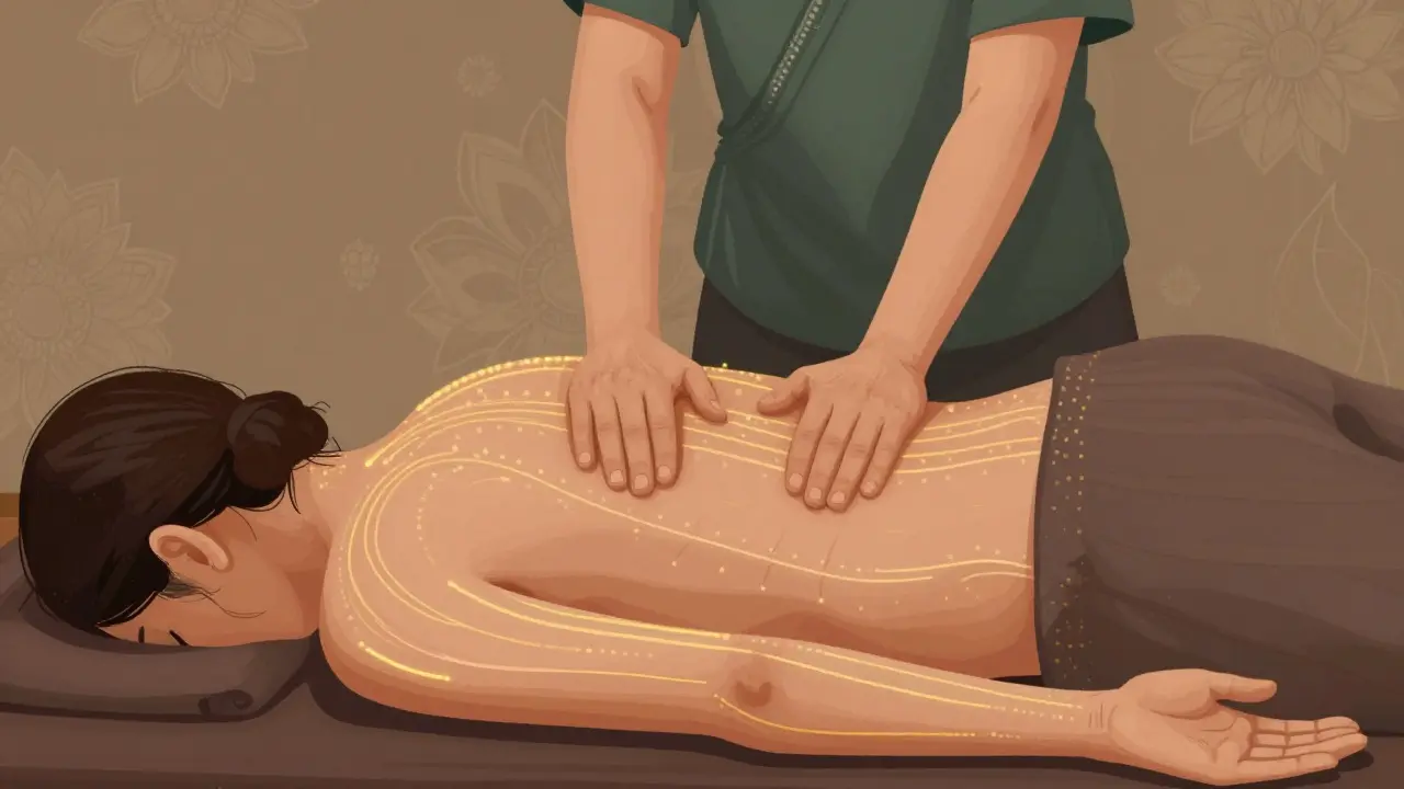 Artistic depiction of energy lines glowing beneath a Thai massage therapist’s hands during an acupressure session.