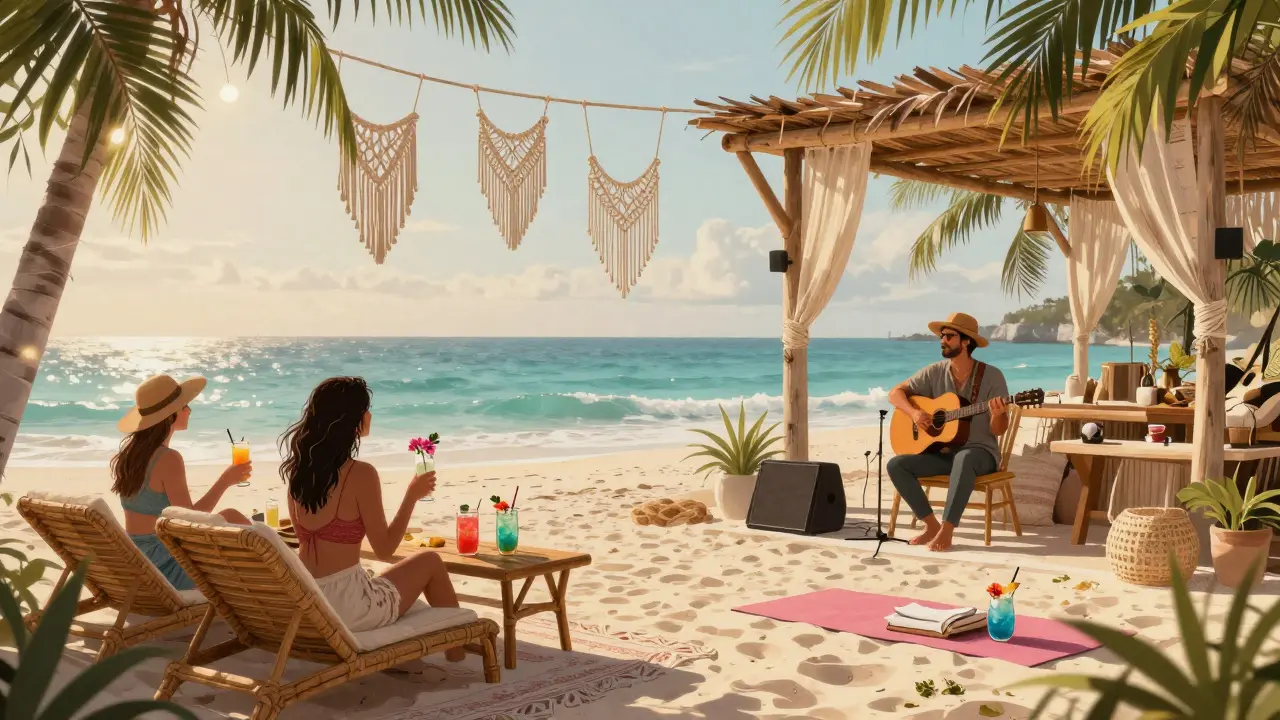 Boho-chic Tulum beach club with rattan loungers, live acoustic music, and golden hour light filtering through palm trees.