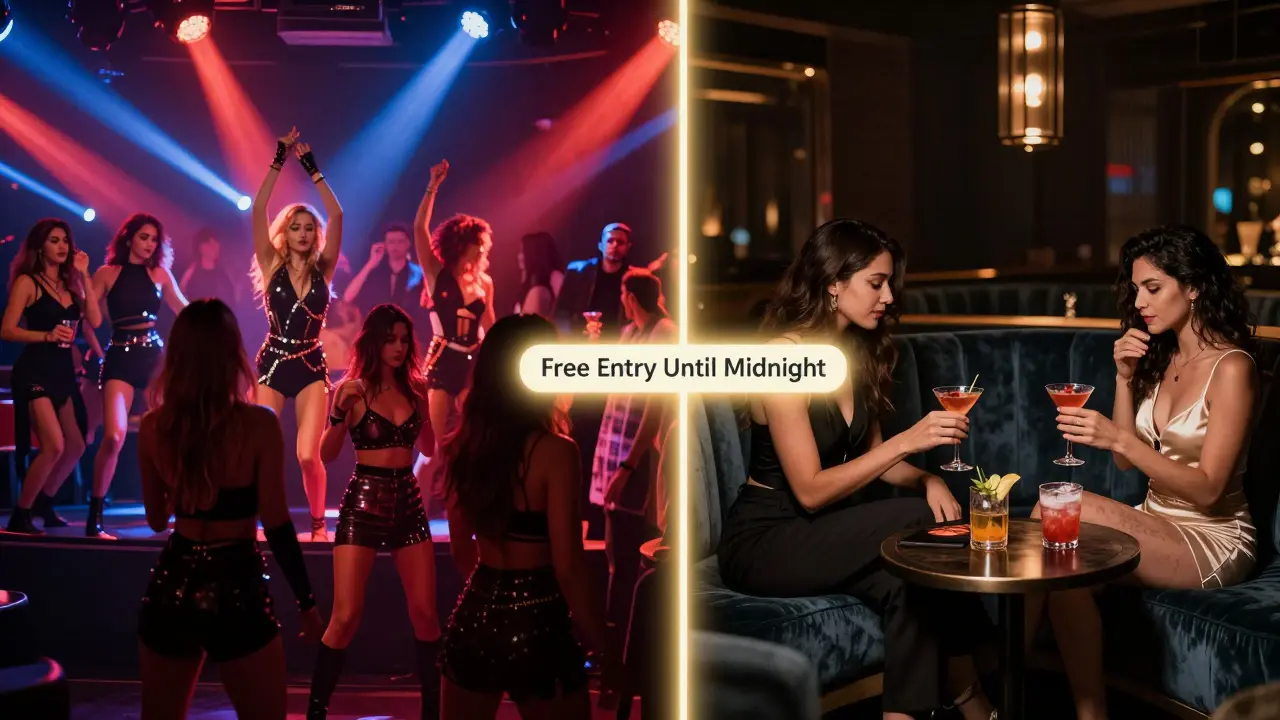 Contrast between a vibrant club and a quiet lounge in Dubai&#039;s nightlife scene