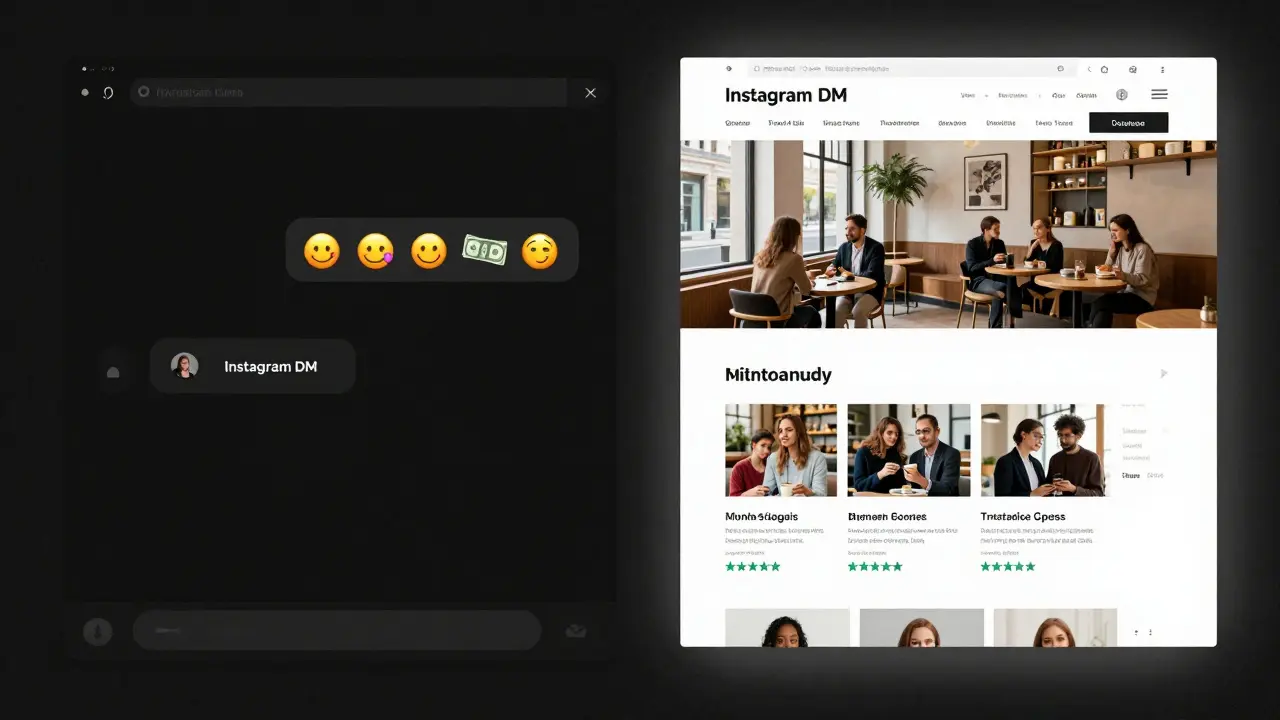 Contrast between illicit online ads and a legitimate escort agency's professional website.