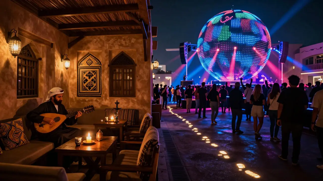 Contrasting scenes: tranquil shisha lounge on one side, vibrant LED club on the other, connected by glowing footprints.