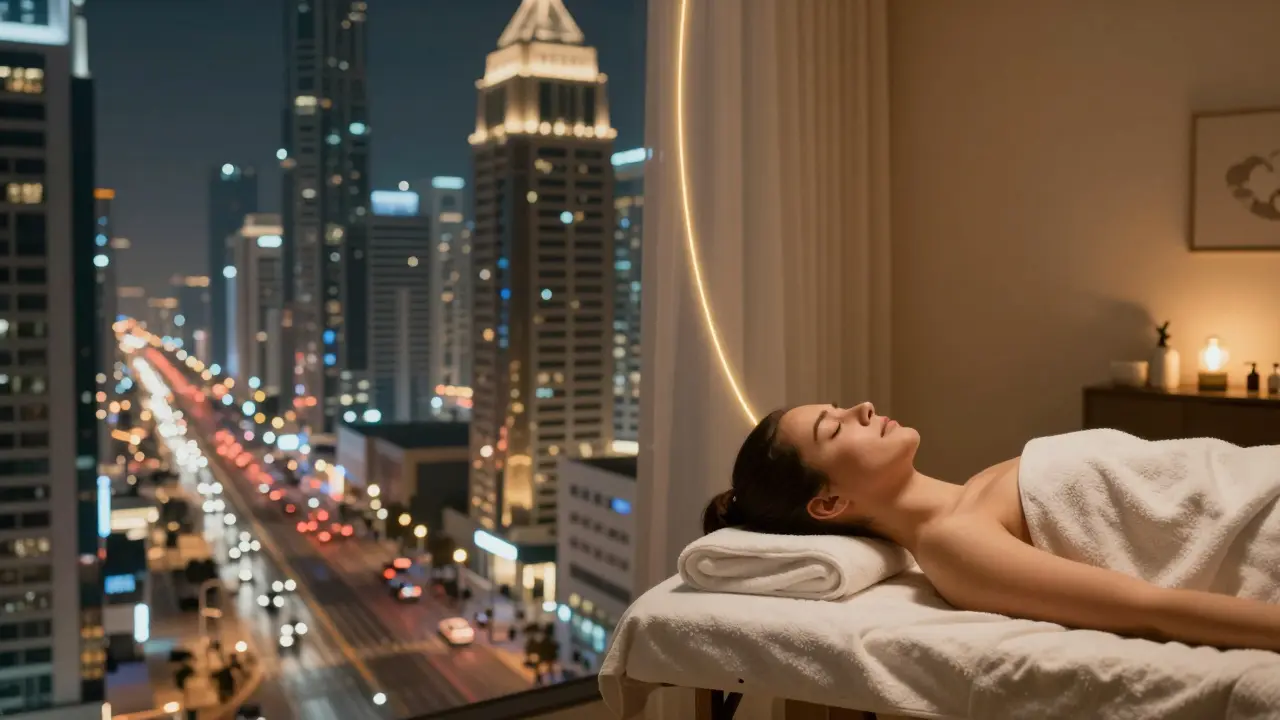 Contrasting urban chaos with serene spa calm, connected by a golden line of transformation.