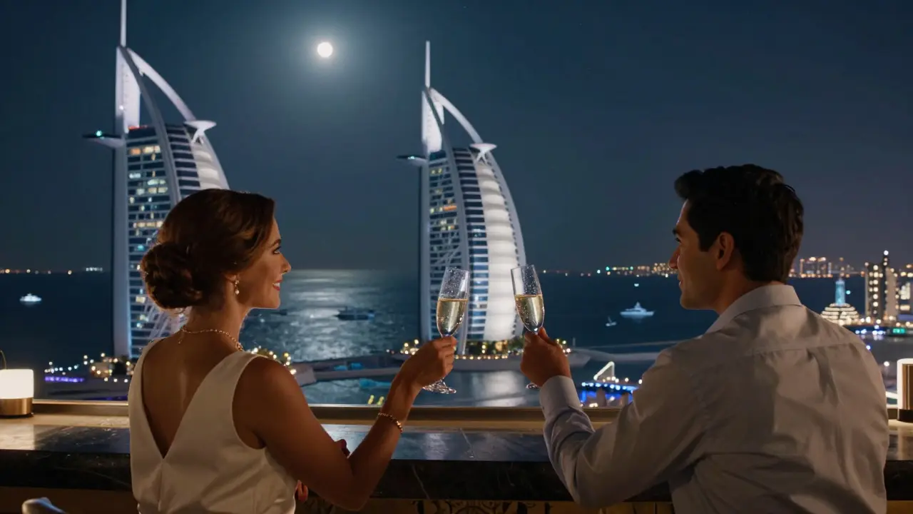 Couple toasting champagne at Skyview Bar high above Dubai with glittering city lights below.