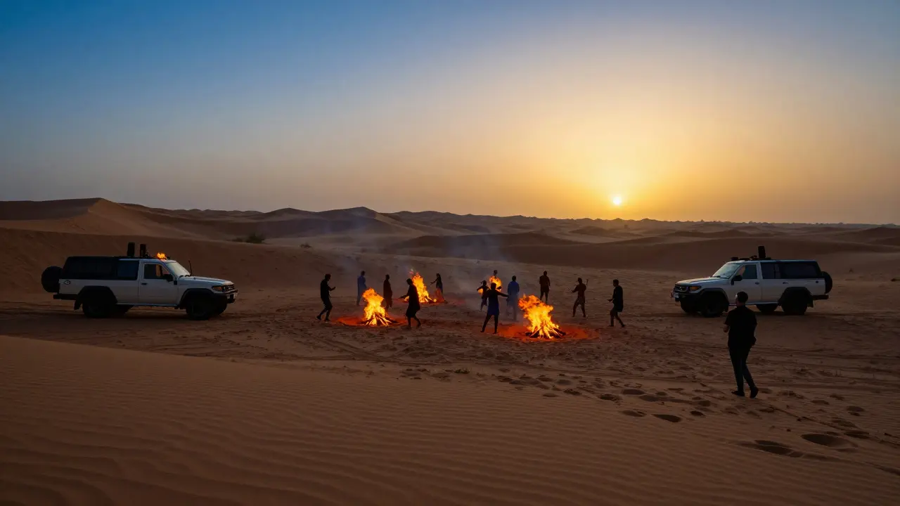 Desert party at sunrise with bonfires and silhouettes dancing among dunes